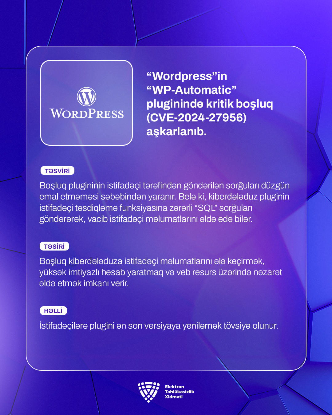 “Wordpress”in “WP‑Automatic” pluginində kritik boşluq (CVE-2024-27956) aşkarlanıb